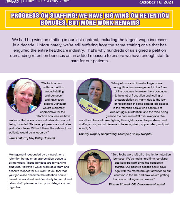 Progress on staffing! We have big wins on retention bonuses, but more work remains