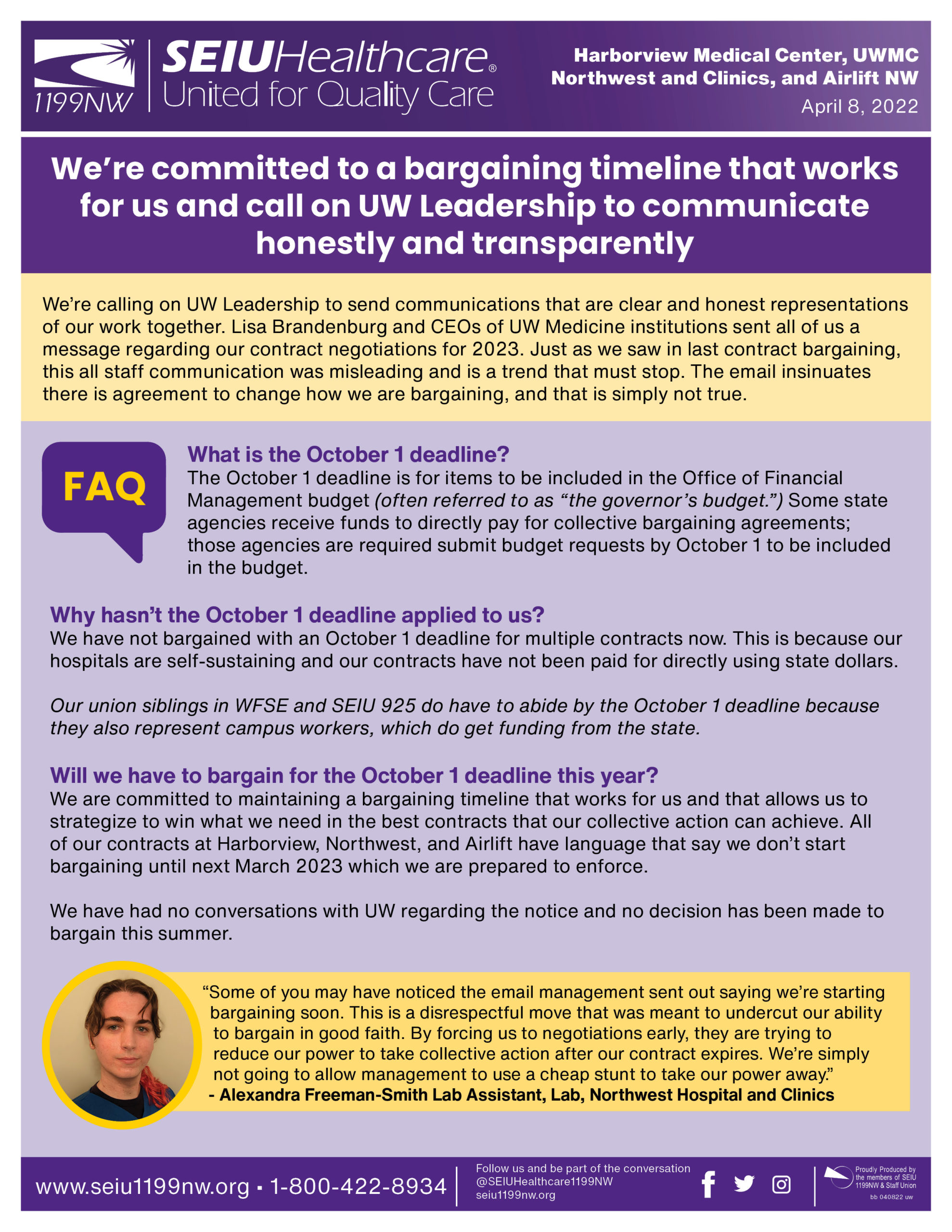 We’re committed to a bargaining timeline that works for us and call on UW Leadership to communicate honestly and transparently