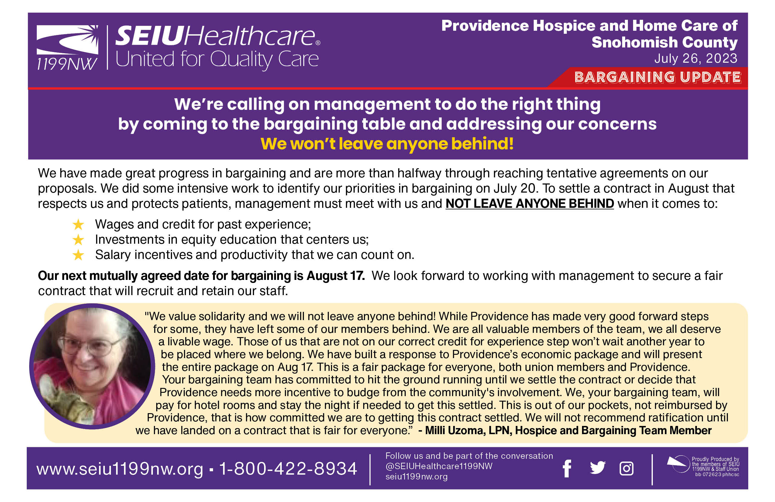 We’re calling on management to do the right thing by coming to the bargaining table and addressing our concerns
