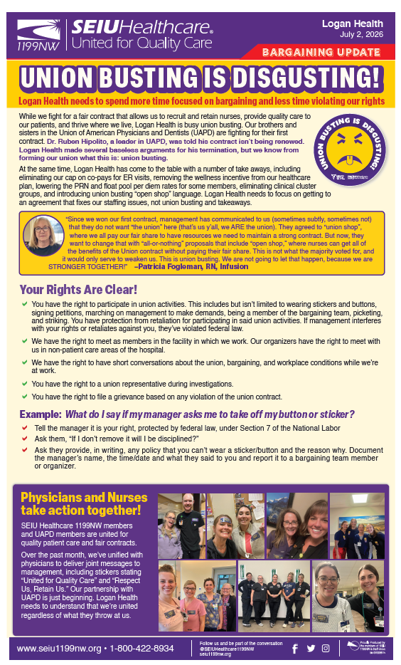 Union Busting is Disgusting! Logan Health needs to spend more time focused on bargaining and less time violating our rights